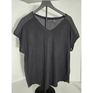 Tahari Black V-Neck Cap Sleeve Sheer‎ Panel Top Women's Size L
